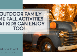 Steven Aguilar via Unsplash blue truck front with pumpkins on the hood and corn stalks lit up with lights behind it and words '5 Outdoor Family Time Fall Activities that Kids can Enjoy too!' on the left
