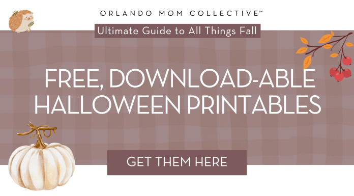 Halloween Printables! tan and brown gingham background with cream pumpkin, hedgehog and branch with orange and red leaves on it with 'free, download-able halloween printables' in the middle