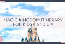 Cinderella castle top with white clouds behind with words 'Magic Kingdom Itinerary for Kids 5 and Up!' overtop