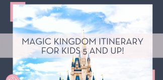 Cinderella castle top with white clouds behind with words 'Magic Kingdom Itinerary for Kids 5 and Up!' overtop