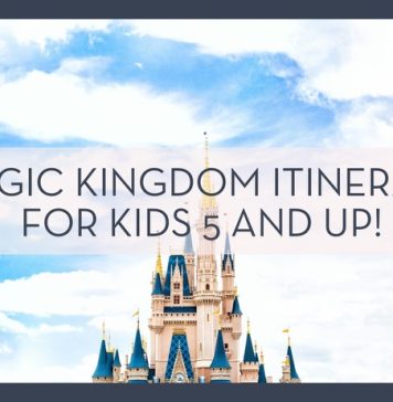 Cinderella castle top with white clouds behind with words 'Magic Kingdom Itinerary for Kids 5 and Up!' overtop