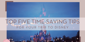 pan xiaozhen via unsplash image of cinderella castle lit up in purple, blues and pinks with dark blue sky and words 'top five time-saving tips for your trip to disney' in text in front of image