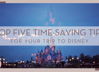 pan xiaozhen via unsplash image of cinderella castle lit up in purple, blues and pinks with dark blue sky and words 'top five time-saving tips for your trip to disney' in text in front of image