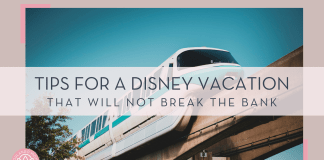 christian lambert via unsplash photo of blue monorail with words 'tips for a Disney Vacation that will not break the bank' over