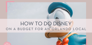 kin li via unsplash image of a large Donald Duck with gray sky behind with the text 'how to do disney on a budget for an orlando local' in front of the image