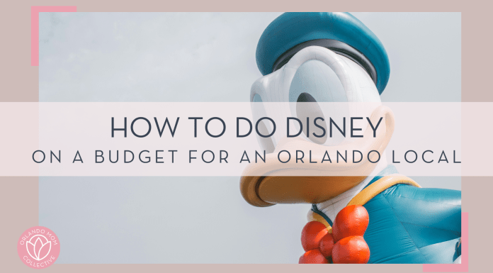 kin li via unsplash image of a large Donald Duck with gray sky behind with the text 'how to do disney on a budget for an orlando local' in front of the image