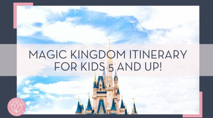 Cinderella castle top with white clouds behind with words 'Magic Kingdom Itinerary for Kids 5 and Up!' overtop