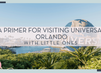 aditya vyas via unsplash image of Universal Orlando ball and the lake to the left with 'a primer for visiting universal Orlando with little ones' in text over top