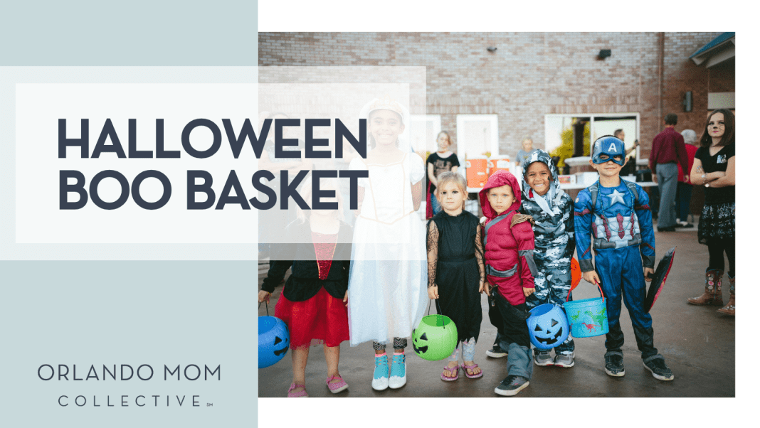 Halloween Boo Basket Conner Baker via Unsplash children dressed in Halloween costumes smiling with 'Halloween Boo Basket' on the left
