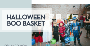 Halloween Boo Basket Conner Baker via Unsplash children dressed in Halloween costumes smiling with 'Halloween Boo Basket' on the left