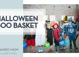 Conner Baker via Unsplash children dressed in Halloween costumes smiling with 'Halloween Boo Basket' on the left