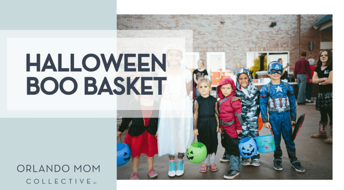 Halloween Boo Basket Conner Baker via Unsplash children dressed in Halloween costumes smiling with 'Halloween Boo Basket' on the left