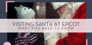 Mike Arney via Unsplash picture of little boy with knitted hat with ears on head talking to Santa with text 'Visiting Santa at EPCOT what you need to know' over top of image.