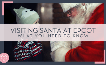 Mike Arney via Unsplash picture of little boy with knitted hat with ears on head talking to Santa with text 'Visiting Santa at EPCOT what you need to know' over top of image.