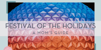 Benjamin suter via unsplash picture of spaceship earth against black sky lit up in orange, purple and blue with 'festival of the holidays a mom's guide' in text overtop