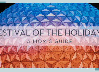 Benjamin suter via unsplash picture of spaceship earth against black sky lit up in orange, purple and blue with 'festival of the holidays a mom's guide' in text overtop