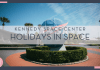 "ak" via unsplash - photo of NASA globe in front of Kennedy space center in Florida with 'Kennedy space center holidays in space' in text over top of the photo