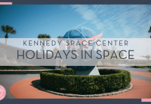 "ak" via unsplash - photo of NASA globe in front of Kennedy space center in Florida with 'Kennedy space center holidays in space' in text over top of the photo