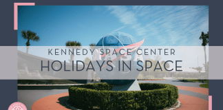 "ak" via unsplash - photo of NASA globe in front of Kennedy space center in Florida with 'Kennedy space center holidays in space' in text over top of the photo