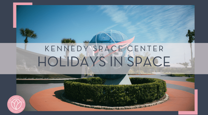 "ak" via unsplash - photo of NASA globe in front of Kennedy space center in Florida with 'Kennedy space center holidays in space' in text over top of the photo