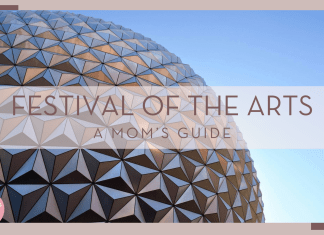 frances gunn via unsplash picture of spaceship earth and sky with 'festival of the arts a mom's guide in text over top'