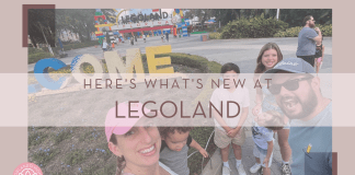 family of 6 outside Legoland florida with 'here's what is new at Legoland' in text in from of image