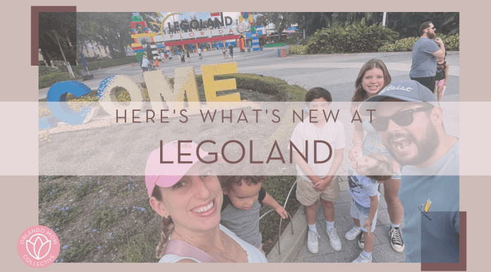 family of 6 outside Legoland florida with 'here's what is new at Legoland' in text in from of image