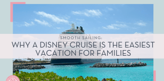 Photo of Disney Cruise Ship from the beach by Christina Carlisi with words ' Smooth Sailing: Why a Disney Cruise is the easiest vacation for families' over top of image