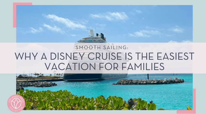 Photo of Disney Cruise Ship from the beach by Christina Carlisi with words ' Smooth Sailing: Why a Disney Cruise is the easiest vacation for families' over top of image