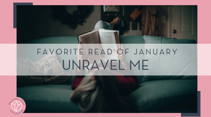 matias north via unsplash image of a woman laying on a couch reading a book with 'favorite read of January Unravel Me' in text over top