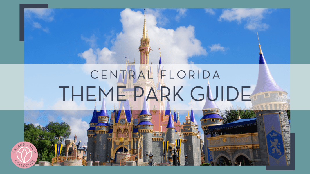 Brian Mcgowan via unsplash photo of cinderella castle with blue sky and clouds behind and words 'Central Florida theme park guide' in text on top of picture