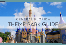 Brian Mcgowan via unsplash photo of cinderella castle with blue sky and clouds behind and words 'Central Florida theme park guide' in text on top of picture