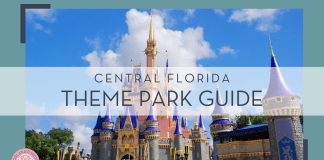 Brian Mcgowan via unsplash photo of cinderella castle with blue sky and clouds behind and words 'Central Florida theme park guide' in text on top of picture