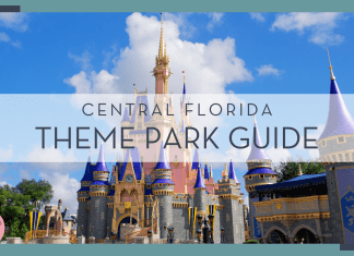 Brian Mcgowan via unsplash photo of cinderella castle with blue sky and clouds behind and words 'Central Florida theme park guide' in text on top of picture