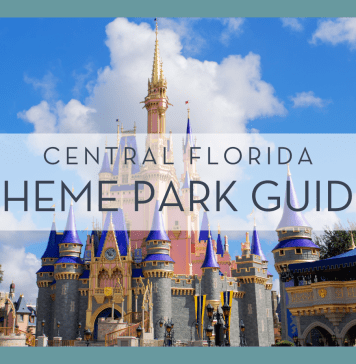 Brian Mcgowan via unsplash photo of cinderella castle with blue sky and clouds behind and words 'Central Florida theme park guide' in text on top of picture