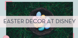 Easter eggs in a nest on grass with words 'easter decor at disney'
