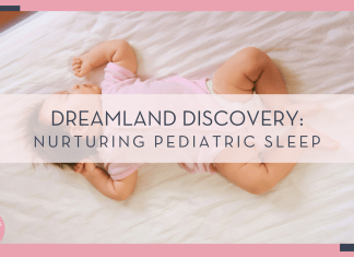 Zoo Monkey via Unsplash picture of baby in pink onesie sleeping on back on a white sheet with 'dreamland discover: nurturing pediatric sleep' in text over top of picture