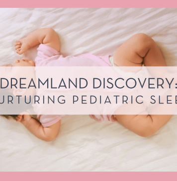 Zoo Monkey via Unsplash picture of baby in pink onesie sleeping on back on a white sheet with 'dreamland discover: nurturing pediatric sleep' in text over top of picture