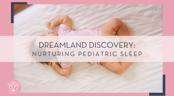 Zoo Monkey via Unsplash picture of baby in pink onesie sleeping on back on a white sheet with 'dreamland discover: nurturing pediatric sleep' in text over top of picture