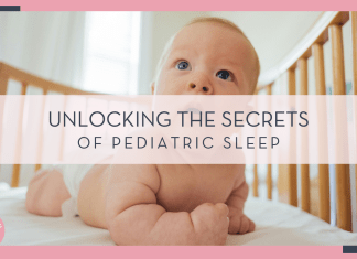 Paul Hanaoka via unsplash photo of baby in crib up on elbows with text 'unlocking the secrets to pediatric sleep' over top of photo