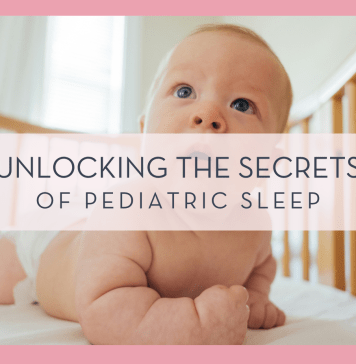 Paul Hanaoka via unsplash photo of baby in crib up on elbows with text 'unlocking the secrets to pediatric sleep' over top of photo