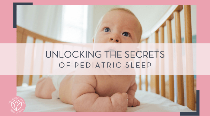 Paul Hanaoka via unsplash photo of baby in crib up on elbows with text 'unlocking the secrets to pediatric sleep' over top of photo