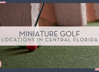 Kayla Farmer via unsplash photo of a mini golf club with red ball with bricks behind on grass with words ' miniature golf locations in Central Florida' over top of image