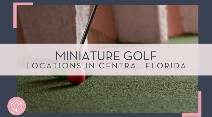 Kayla Farmer via unsplash photo of a mini golf club with red ball with bricks behind on grass with words ' miniature golf locations in Central Florida' over top of image