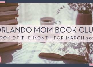 Freestocks via unsplace image of stack of books, coffee mug, open book, and flowers in a vase on a table with words 'Orlando Mom book club book of the month for march 2024' over top