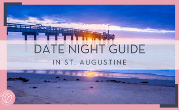 Date Night Guide in St. Augustine: The Ultimate Guide walk way over the water with the setting sun behind it with words ' date night guide in st. augustine' in text atop of it