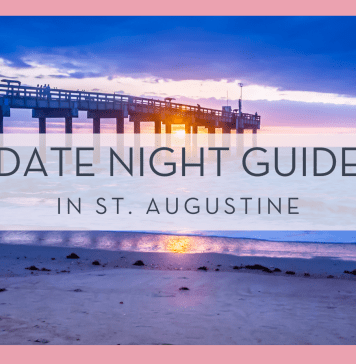 walk way over the water with the setting sun behind it with words ' date night guide in st. augustine' in text atop of it