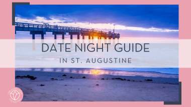 walk way over the water with the setting sun behind it with words ' date night guide in st. augustine' in text atop of it