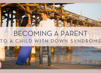 a pregnant mom in blue dress with man in jeans and white shirt next to her in front of a wooden bridge and water with 'becoming a parent to a child with Down syndrome' in text on top of photo