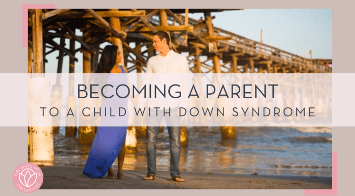 a pregnant mom in blue dress with man in jeans and white shirt next to her in front of a wooden bridge and water with 'becoming a parent to a child with Down syndrome' in text on top of photo